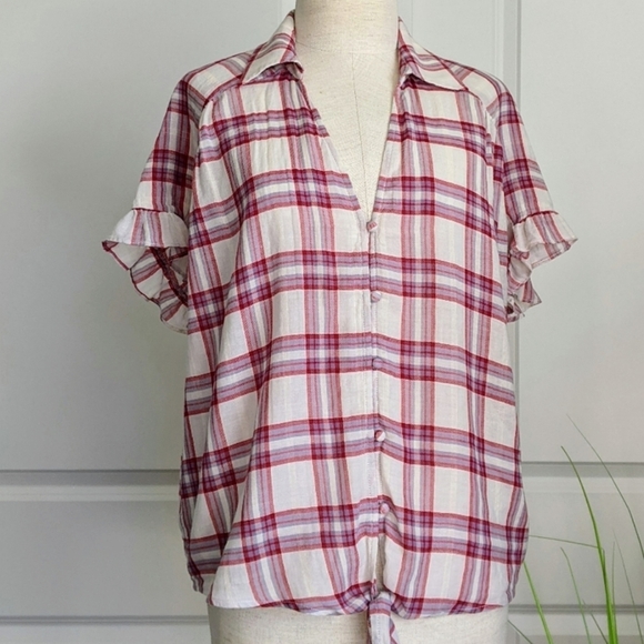 PAIGE Top Button Front Tie Split Neck Short Sleeve Plaid Cream Red Grey L NWT - Picture 2 of 14